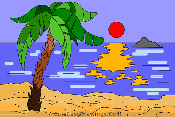 how to draw sunrise on the beach - www.cuteeasydrawings.com