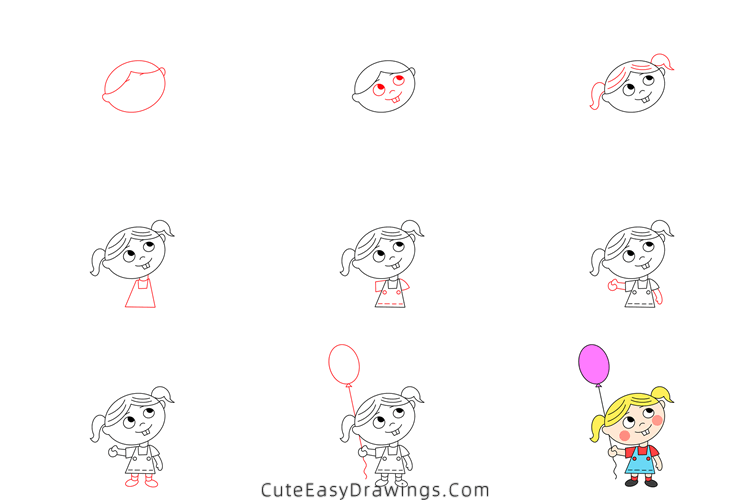 how to draw a girl with a balloon - www.cuteeasydrawings.com