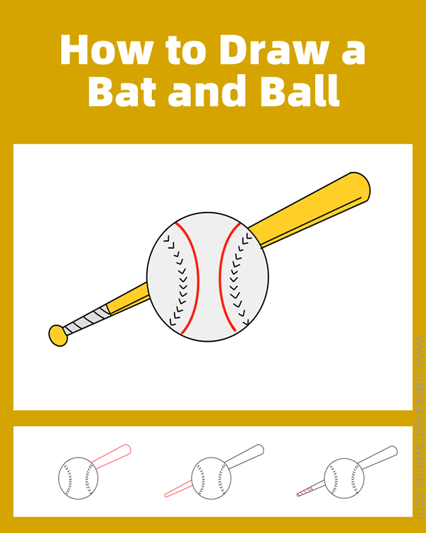 how to draw a baseball bat and ball - www.cuteeasydrawings.com