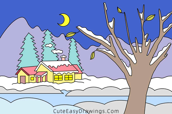 how to draw a winter scene - www.cuteeasydrawings.com