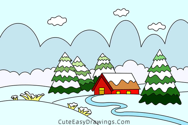 how to draw a winter landscape - www.cuteeasydrawings.com
