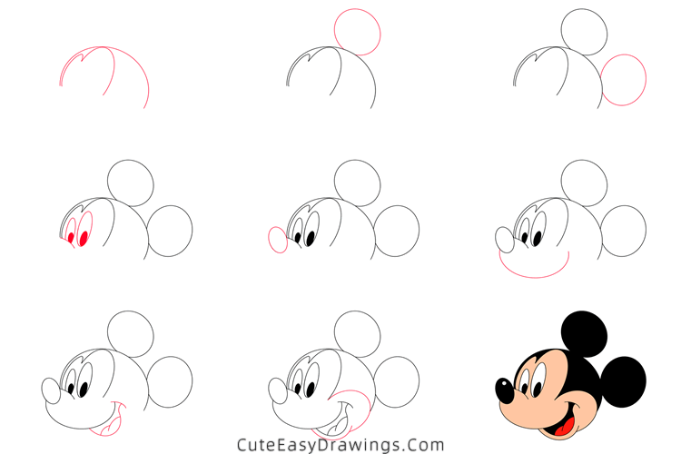 how to draw mickey mouse face - www.cuteeasydrawings.com