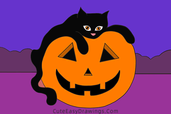 how to draw a black cat and jack-o-lantern - www.cuteeasydrawings.com