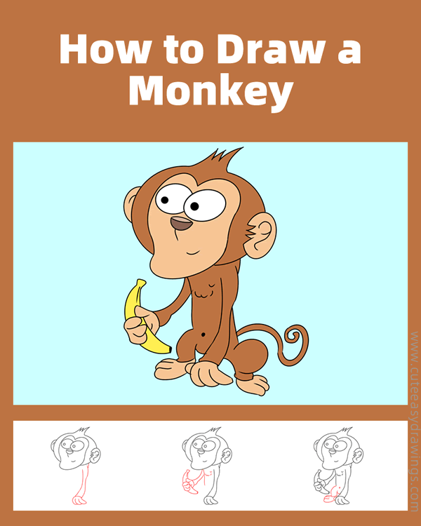 how to draw a monkey with a banana - www.cuteeasydrawings.com