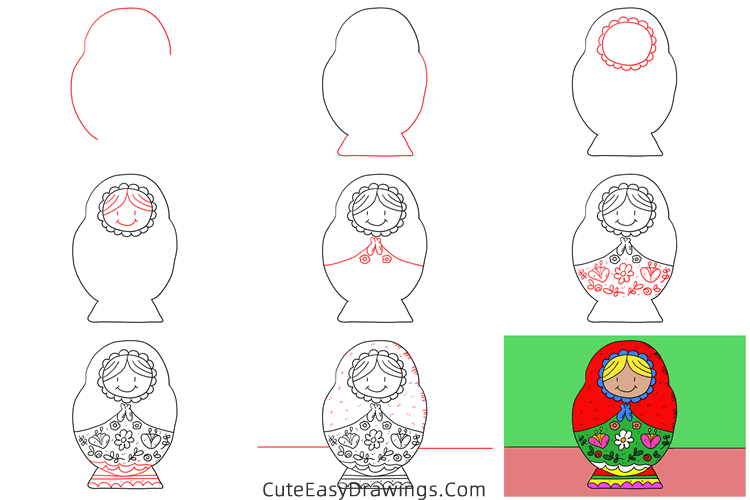 how to draw a matryoshka doll - www.cuteeasydrawings.com