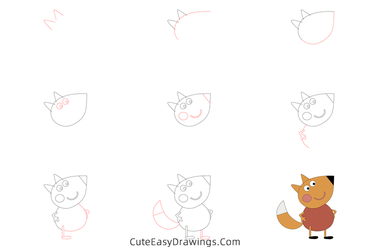 how to draw freddy fox from peppa pig - www.cuteeasydrawings.com