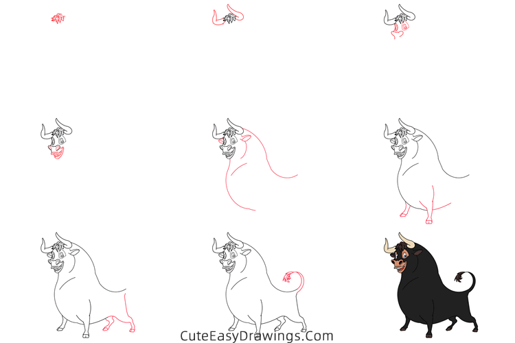 how to draw ferdinand the bull - www.cuteeasydrawings.com