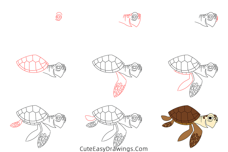 how to draw crush from finding nemo - www.cuteeasydrawings.com