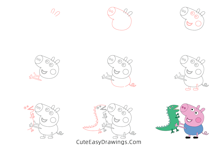 how to draw george pig and mr dinosaur - www.cuteeasydrawings.com