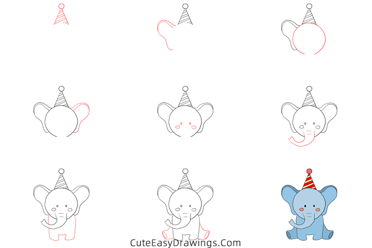 how to draw a happy birthday elephant - www.cuteeasydrawings.com