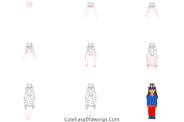 how to draw a girl on 4th of july - www.cuteeasydrawings.com