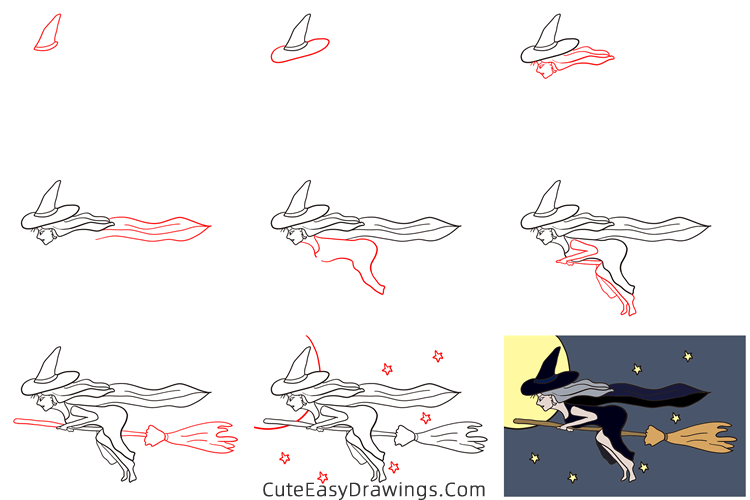 how to draw a witch flying on a broom - www.cuteeasydrawings.com