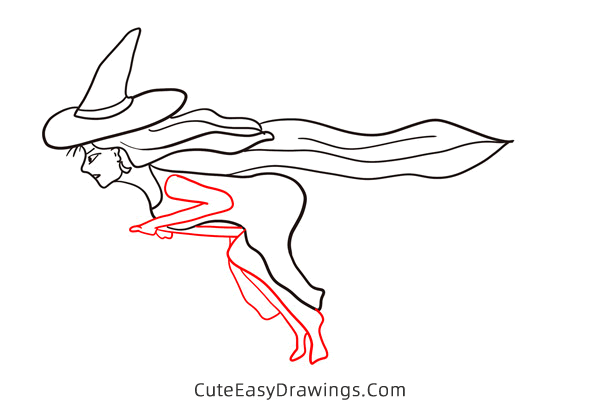 how to draw a witch flying on a broom - www.cuteeasydrawings.com