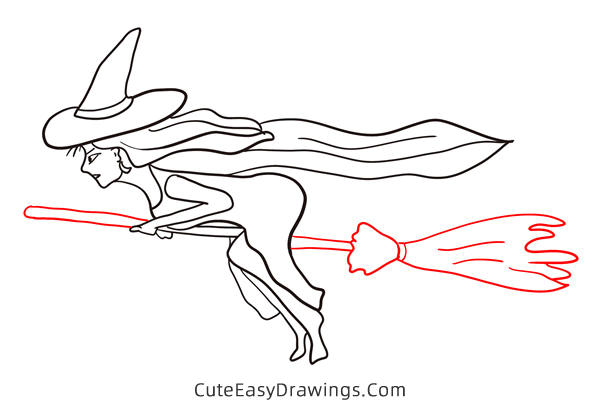 how to draw a witch flying on a broom - www.cuteeasydrawings.com