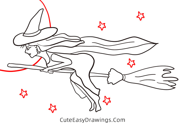 how to draw a witch flying on a broom - www.cuteeasydrawings.com