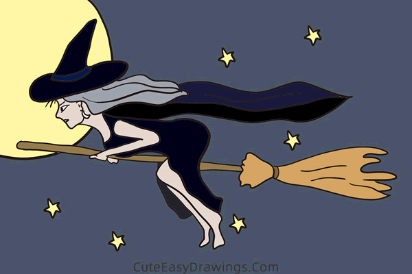 how to draw a witch flying on a broom - www.cuteeasydrawings.com