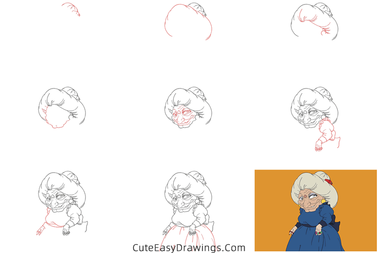 how to draw yubaba from spirited away - www.cuteeasydrawings.com