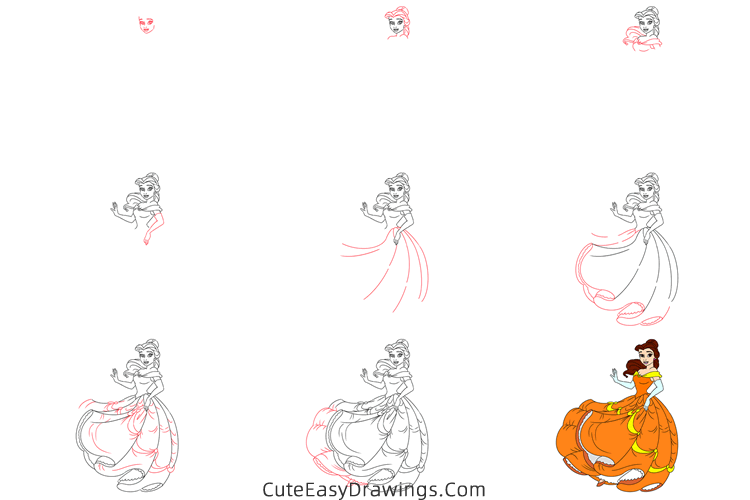 how to draw belle the princess - www.cuteeasydrawings.com