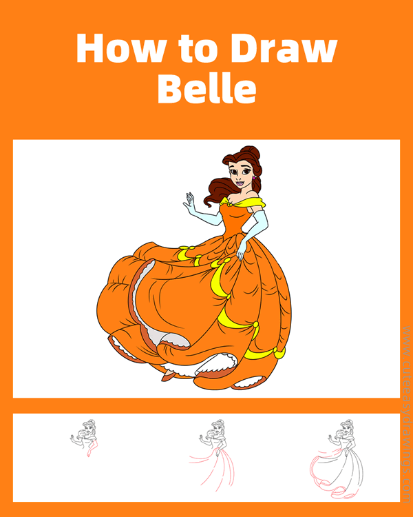 how to draw belle the princess - www.cuteeasydrawings.com