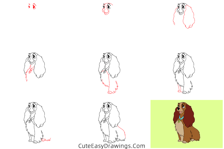 how to draw lady from lady and the tramp - www.cuteeasydrawings.com