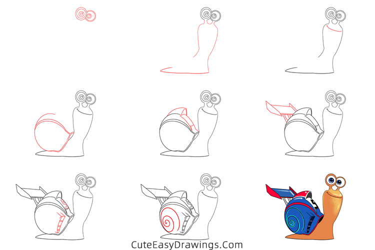 how to draw turbo the snail - www.cuteeasydrawings.com
