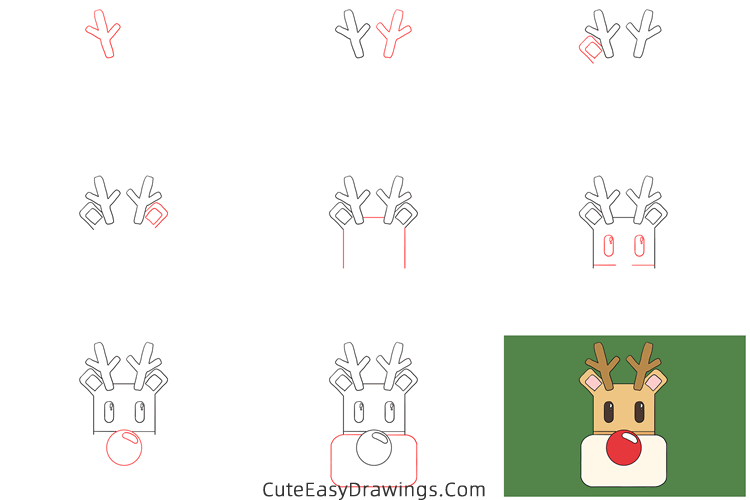 how to draw rudolph face - www.cuteeasydrawings.com