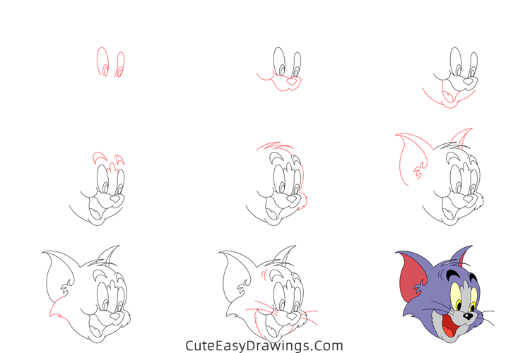how to draw tom head from tom and jerry - www.cuteeasydrawings.com