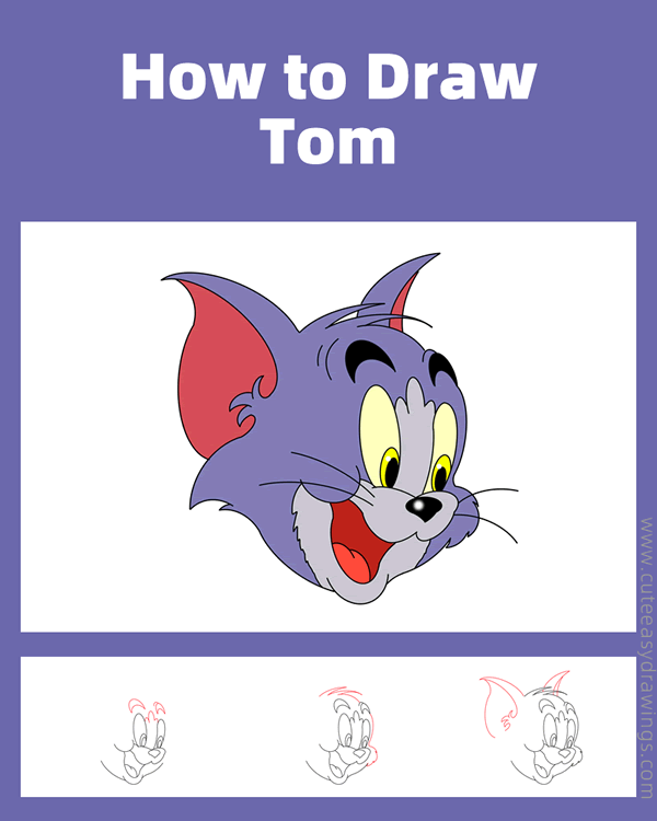 how to draw tom head from tom and jerry - www.cuteeasydrawings.com