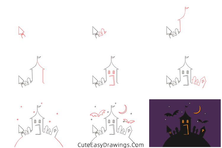 how to draw a haunted castle - www.cuteeasydrawings.com