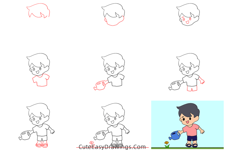 how to draw a boy watering - www.cuteeasydrawings.com