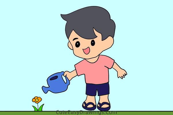 how to draw a boy watering - www.cuteeasydrawings.com