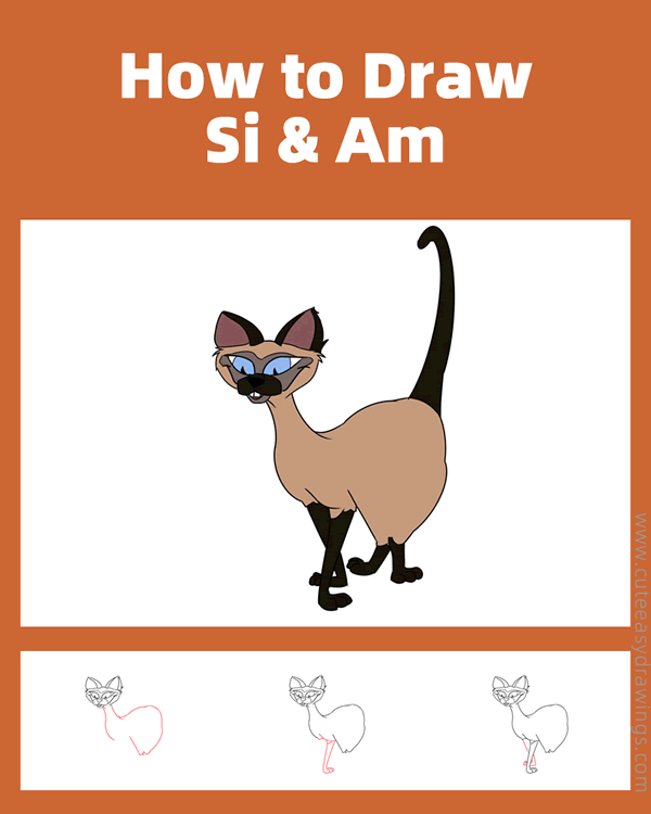 how to draw si am from lady and the tramp - www.cuteeasydrawings.com