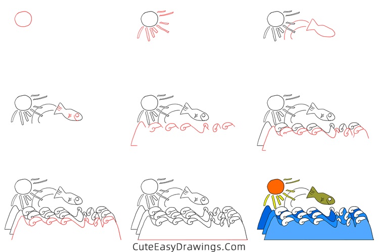 how to draw a fish jumping out of water - www.cuteeasydrawings.com