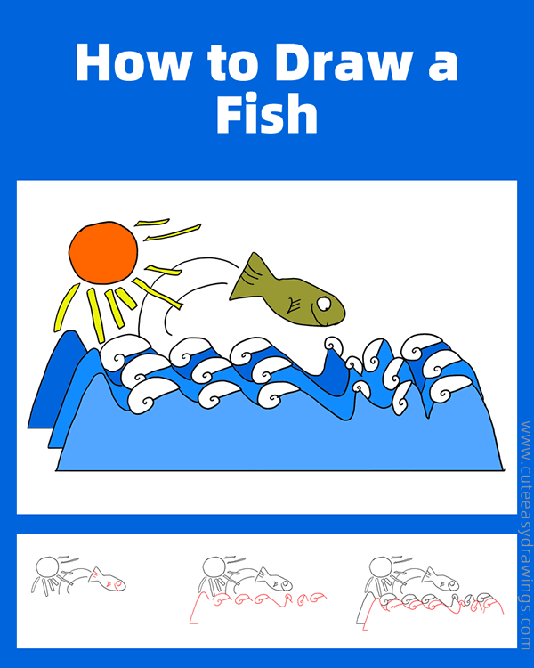 how to draw a fish jumping out of water - www.cuteeasydrawings.com