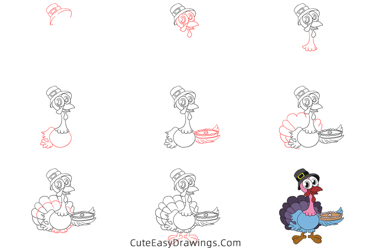 how to draw a turkey with pumpkin pie - www.cuteeasydrawings.com