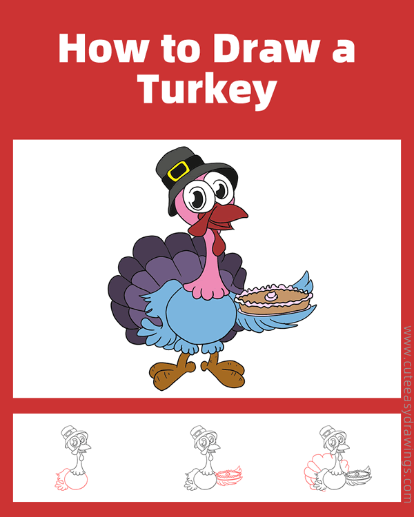 how to draw a turkey with pumpkin pie - www.cuteeasydrawings.com