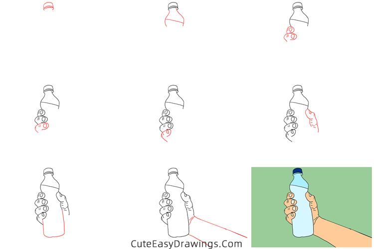 how to draw a hand holding a bottle - www.cuteeasydrawings.com