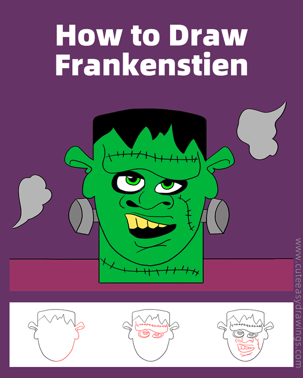 how to draw frankenstein head - www.cuteeasydrawings.com