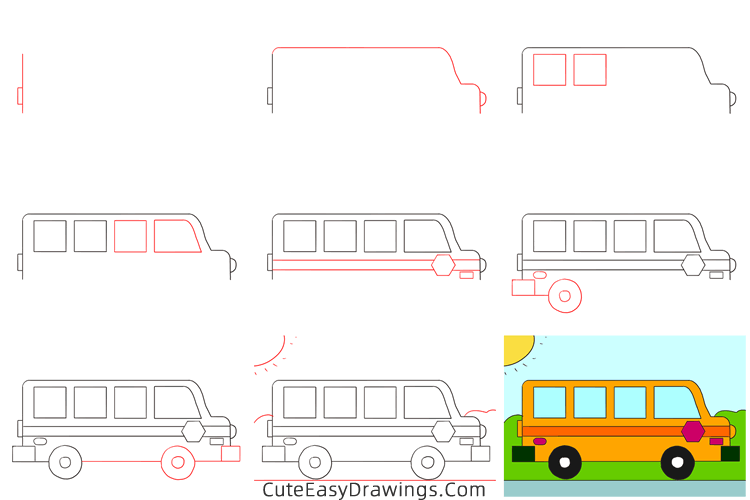 how to draw a school bus - www.cuteeasydrawings.com