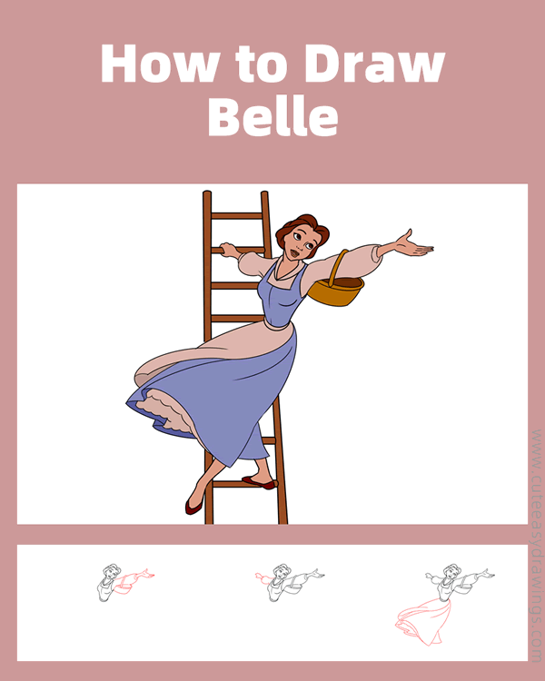 how to draw belle the princess picking fruit - www.cuteeasydrawings.com