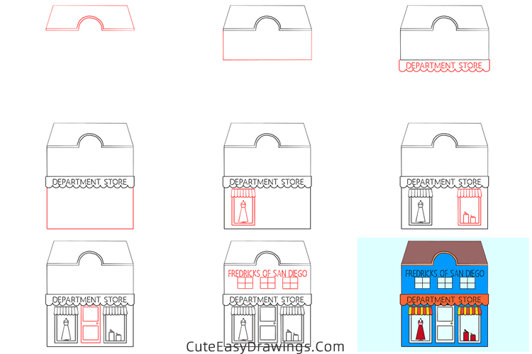 how to draw a department store - www.cuteeasydrawings.com