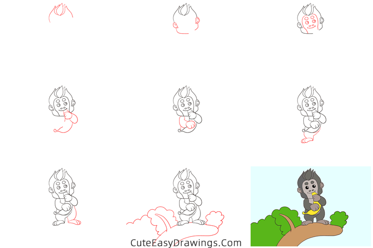 how to draw a gorilla eating a banana - www.cuteeasydrawings.com
