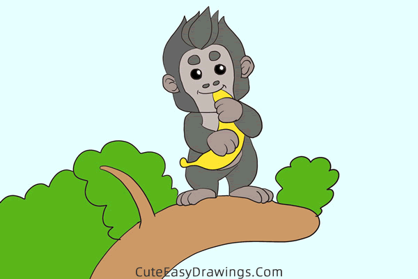 how to draw a gorilla eating a banana - www.cuteeasydrawings.com