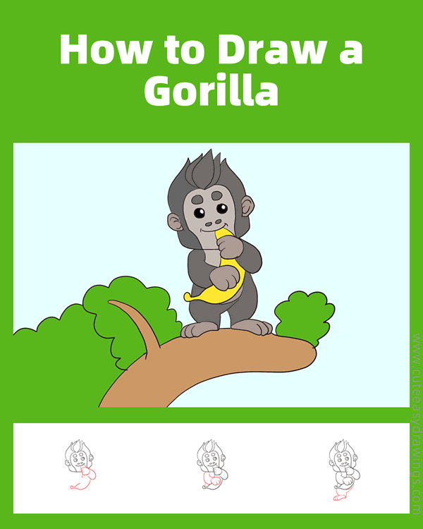how to draw a gorilla eating a banana - www.cuteeasydrawings.com