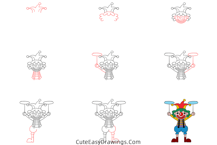 how to draw a clown spinning plates - www.cuteeasydrawings.com
