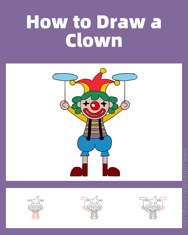 how to draw a clown spinning plates - www.cuteeasydrawings.com