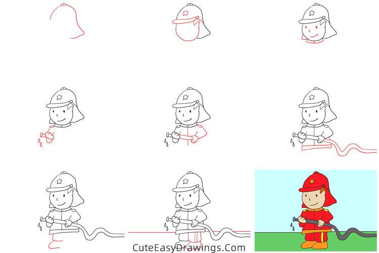 how to draw a firefighter - www.cuteeasydrawings.com