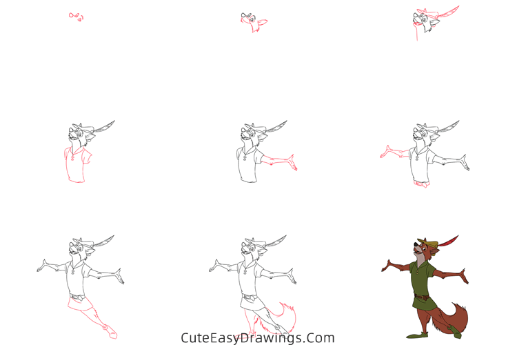 how to draw robin hood the fox - www.cuteeasydrawings.com