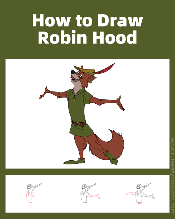 how to draw robin hood the fox - www.cuteeasydrawings.com