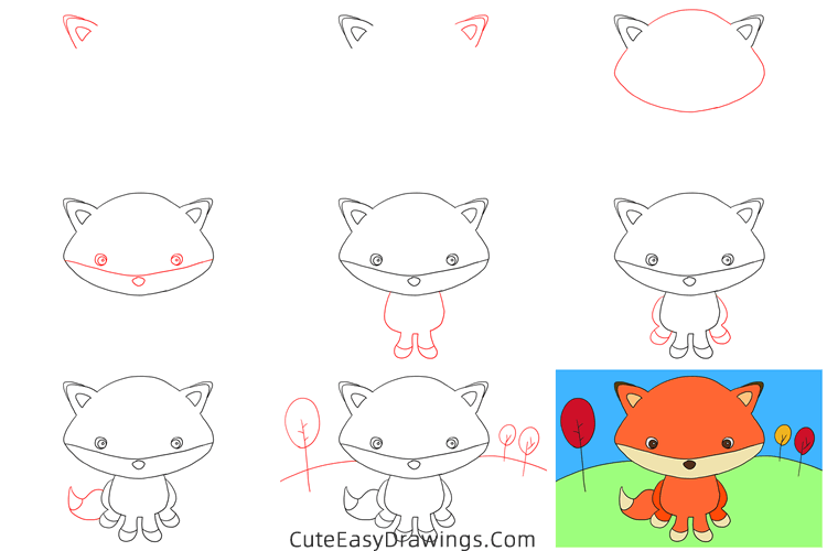 how to draw a cute fox - www.cuteeasydrawings.com